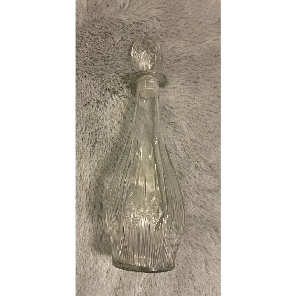 VTG 14” Glass Decanter & Stopper Etched Diamond pattern Genie Bottle